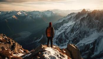 en pie en montaña cima, mochilero disfruta soledad generado por ai foto