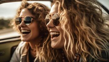 Young women in sunglasses driving convertible car Smiling generated by AI photo