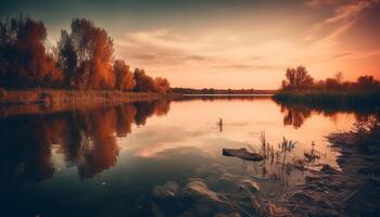 Tranquil scene of sunset over waters edge generated by AI photo