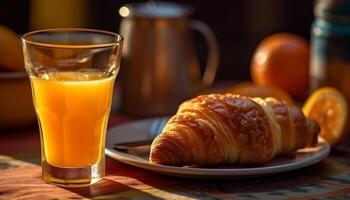 Fresco francés desayuno cuerno, café, naranja jugo generativo ai foto