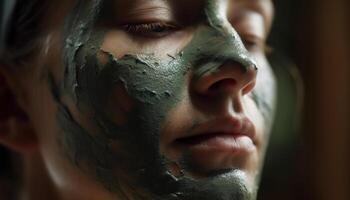 joven adulto aplicando arcilla máscara para relajación generado por ai foto