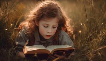 linda niña leyendo libro en naturaleza belleza generado por ai foto