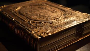 Antique Bible on Wood Table with Gold Decoration generated by AI photo