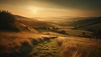 Tranquil sunrise over idyllic Italian countryside farmhouse generated by AI photo