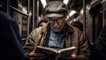 Bearded man reading book on subway commute generated by AI photo