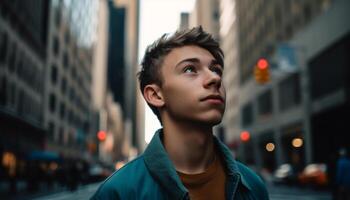 Young adult man standing alone in city generated by AI photo