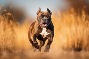 americano Staffordshire toro terrier corriendo en el otoño campo. ai generado foto