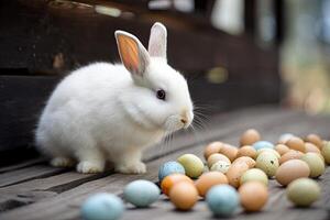 Pascua de Resurrección conejito y vistoso huevos en un de madera antecedentes. selectivo enfocar. foto