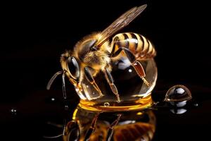 un linda abeja macro Disparo sentado en un miel burbuja. de cerca miel abeja con un detallado cuerpo en un oscuro antecedentes. miel abeja macro Disparo con detallado pelo. abeja flotante en un miel burbuja. generativo ai. foto