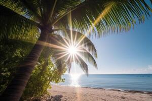 Coco palma arboles en el arenoso playa con rayos de sol, un hermosa tropical playa ver con un claro azul océano, ai generado foto