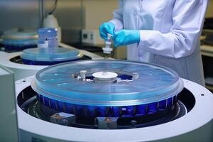 scientist working in laboratory.Laboratory equipment.Science background. A chemist using a centrifuge to test liquids, in a closeup view, photo