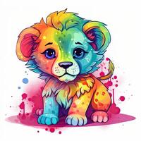 bebé león jugando haz ilustración. vistoso león cachorro colección en un blanco antecedentes. dibujos animados león sentado y sonriente. bebé león con vistoso piel sentado ilustración. generativo ai. foto