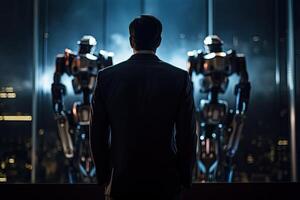 Rear view of businessman standing in front of robot in dark room, A businessman looking at a digital hologram display. photo