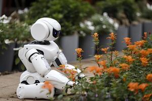 robot sentado en el flor cama en el jardín, artificial inteligencia concepto, un robot jardinero tomando cuidado de un jardín, ai generado foto