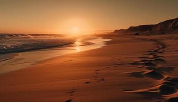 dorado arena dunas reflejar puesta de sol tranquilo belleza generado por ai foto