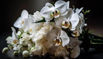 Fresh bouquet of multi colored flowers in vase generated by AI photo