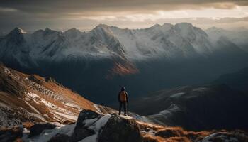 One person standing on mountain peak silhouette generated by AI photo