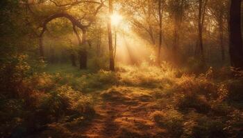 Sunlit forest path, autumn leaves crunching underfoot generated by AI photo