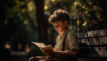 Cute schoolboy reading book in autumn forest solitude generated by AI photo