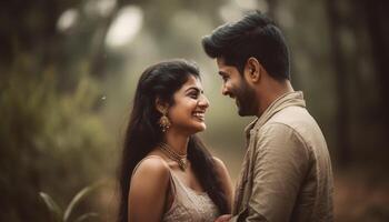 Young couple in love smiling, embracing outdoors generated by AI photo