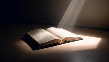 iluminado Biblia página brilla con espiritual sabiduría generado por ai foto