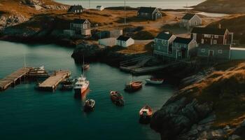 Tranquil fishing village, wood boathouse, nautical vessel generated by AI photo