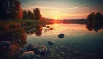 Tranquil sunset over autumn forest reflects in pond generated by AI photo