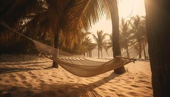 Hammock swinging under palm tree, tropical paradise generated by AI photo