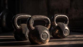 Muscular athlete lifting rusty iron weights indoors generated by AI photo