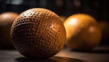 Shiny gold Christmas ornament on rustic wood table generated by AI photo