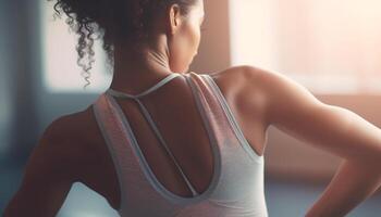 joven mujer hacer ejercicio en gimnasia, extensión espalda generado por ai foto
