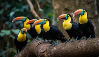 Vibrant toucan perched on multi colored branch generated by AI photo