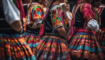 Women in multi colored skirts dance in parade generated by AI photo