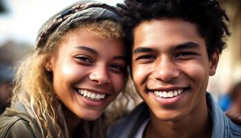 Young adults embrace in carefree happiness outdoors generated by AI photo