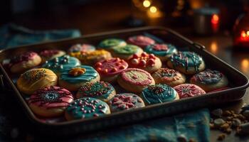 Homemade gourmet cookies with multi colored icing on rustic wooden plate generated by AI photo