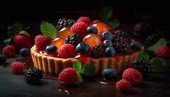 A gourmet berry dessert plate with fresh raspberry and blueberry generated by AI photo