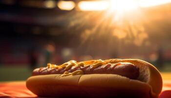 A la parrilla caliente perro en bollo, un clásico americano verano comida generado por ai foto