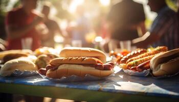 Grilled beef hot dog and fries, perfect picnic summer meal generated by AI photo