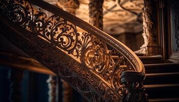 Ornate wrought iron balustrade adorns ancient staircase of elegant architecture generated by AI photo