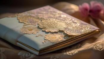 antiguo libro en mesa con florido cubrir y flor decoración generado por ai foto