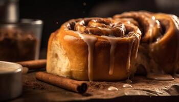 Indulgent homemade dessert on rustic wood table, ready to eat pastry item generated by AI photo