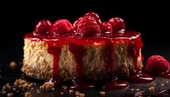 Indulgent gourmet cheesecake slice with raspberry and strawberry decoration generated by AI photo