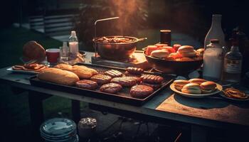 Grilled meat on wood table, cooked to perfection with spice generated by AI photo