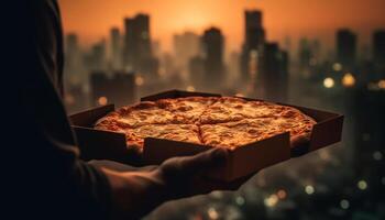 One person holding a slice of pizza from pizzeria outdoors generated by AI photo