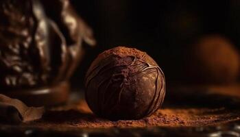 Dark chocolate truffle ball, a gourmet indulgence on rustic wood generated by AI photo