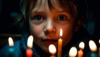 One person, a cute Caucasian girl, igniting a birthday candle generated by AI photo