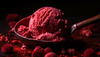 Serving scoop of gourmet ice cream with raspberry and chocolate generated by AI photo