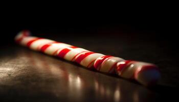 Striped candy cane stack on bright yellow table, winter indulgence generated by AI photo