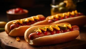 Grilled beef hot dog on rustic table with ketchup and fries generated by AI photo