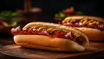 A la parrilla caliente perro en bollo con salsa de tomate, cebolla, y pepinillo generado por ai foto